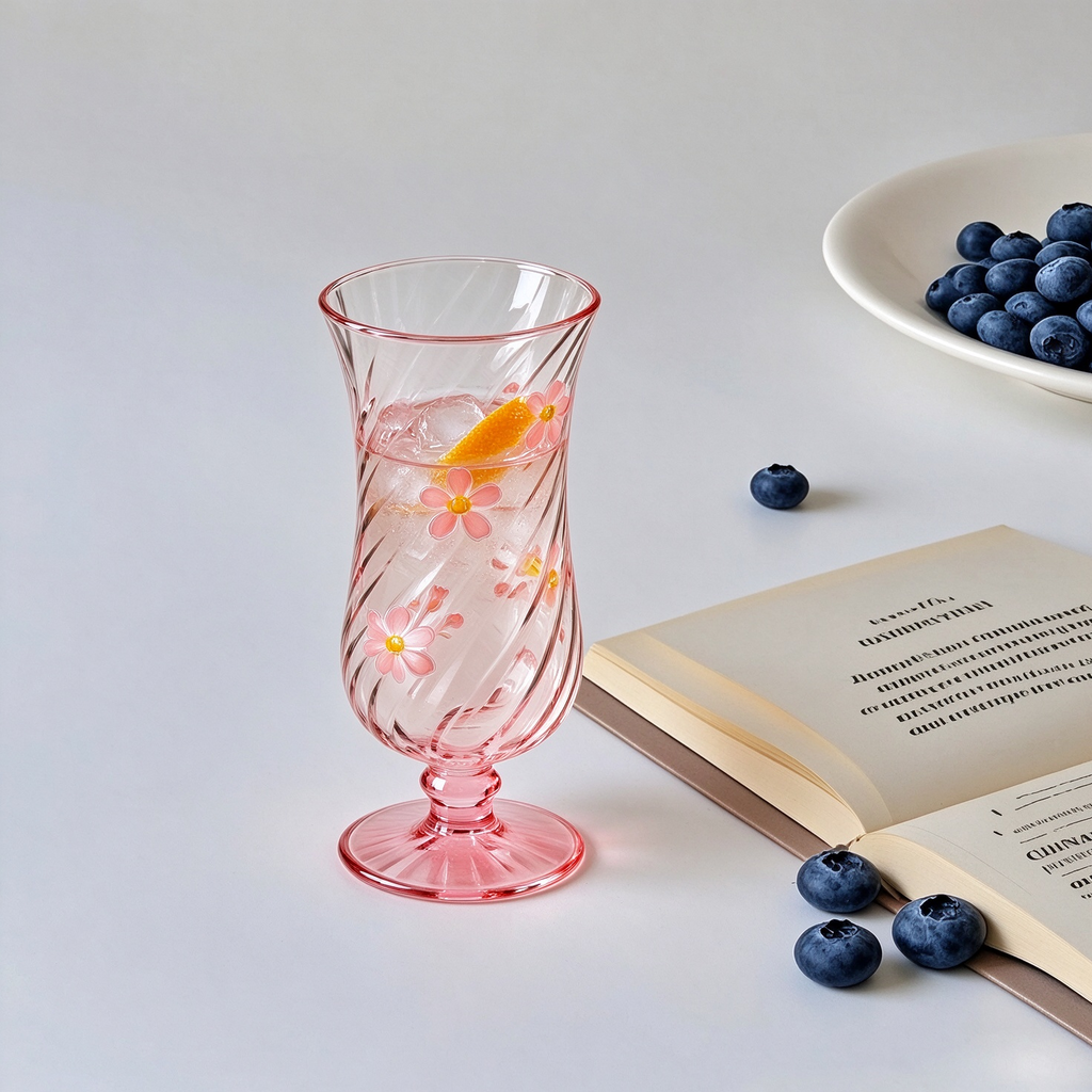 Pink Swirl Floral Footed Glass