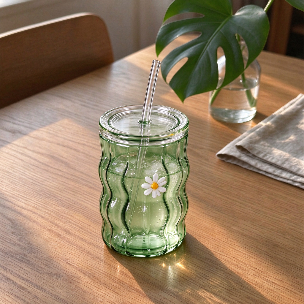 Green Wavy Daisy Glass Tumbler With Lid And Straw
