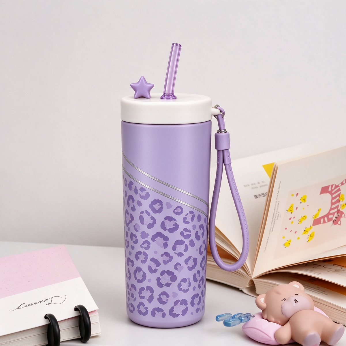 Purple Leopard Print Star Straw Bottle