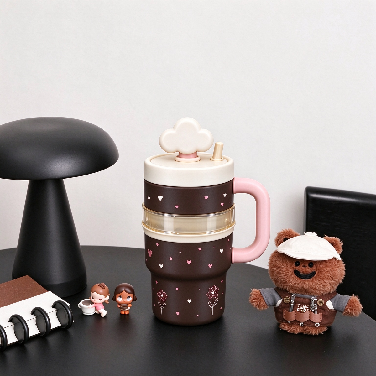 Dark Brown Heart Flower Cloud Lid Tumbler