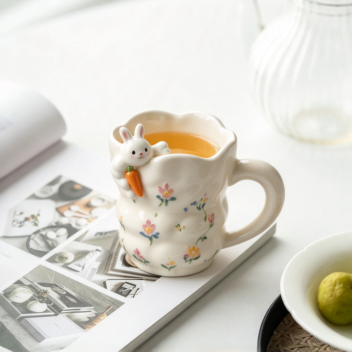 Floral Bunny Ceramic Mug With Carrot Accent