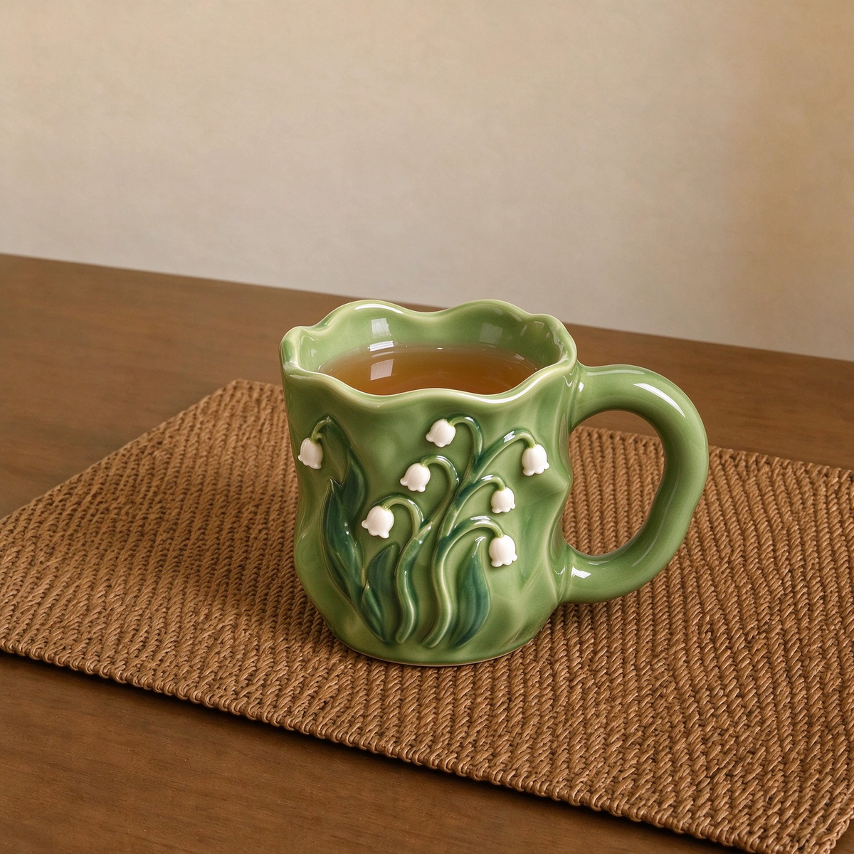 Green Lily Of The Valley Embossed Ceramic Mug