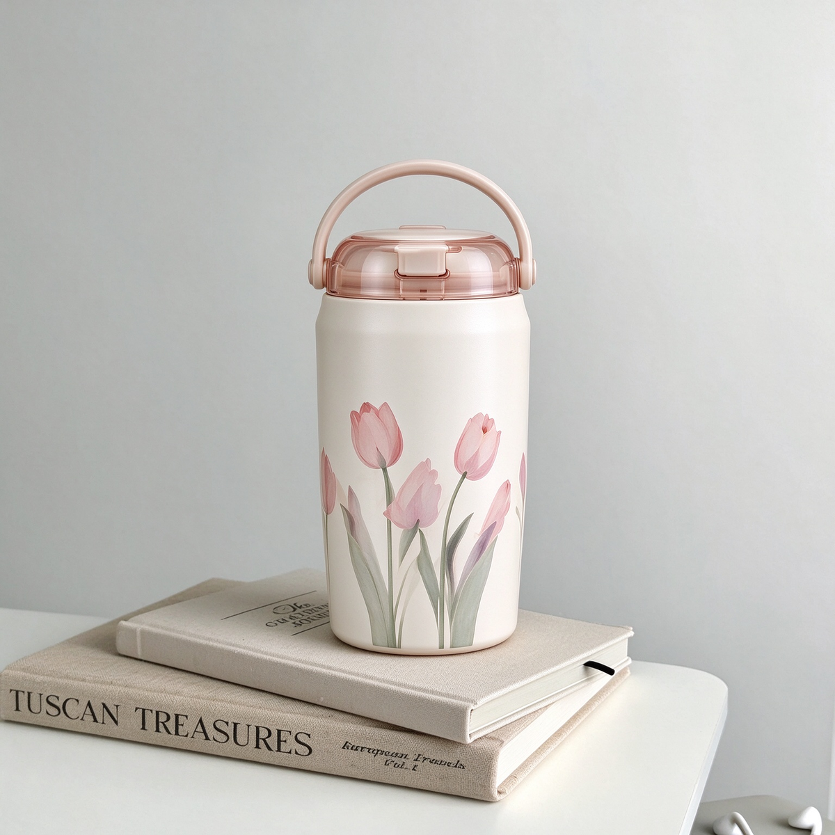 Pink Tulip Portable Carry Handle Thermos