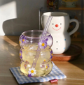 Purple Daisy Triple Gourd Glass Cup With Straw