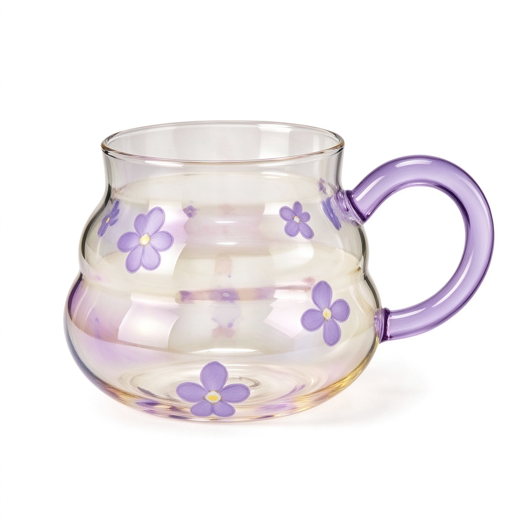 Purple Floral Bulbous Glass Mug