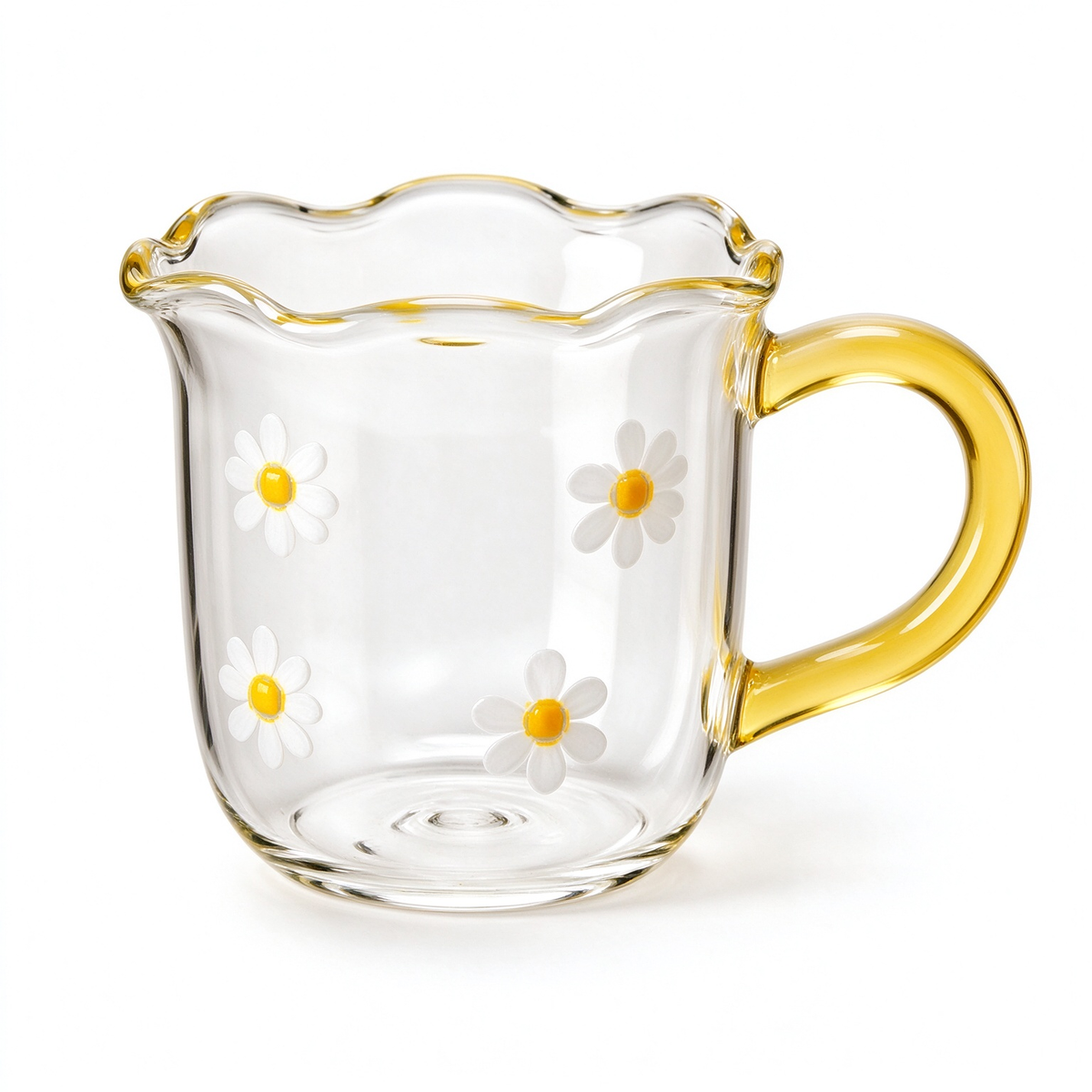 Yellow Handle Daisy Scalloped Glass Mug