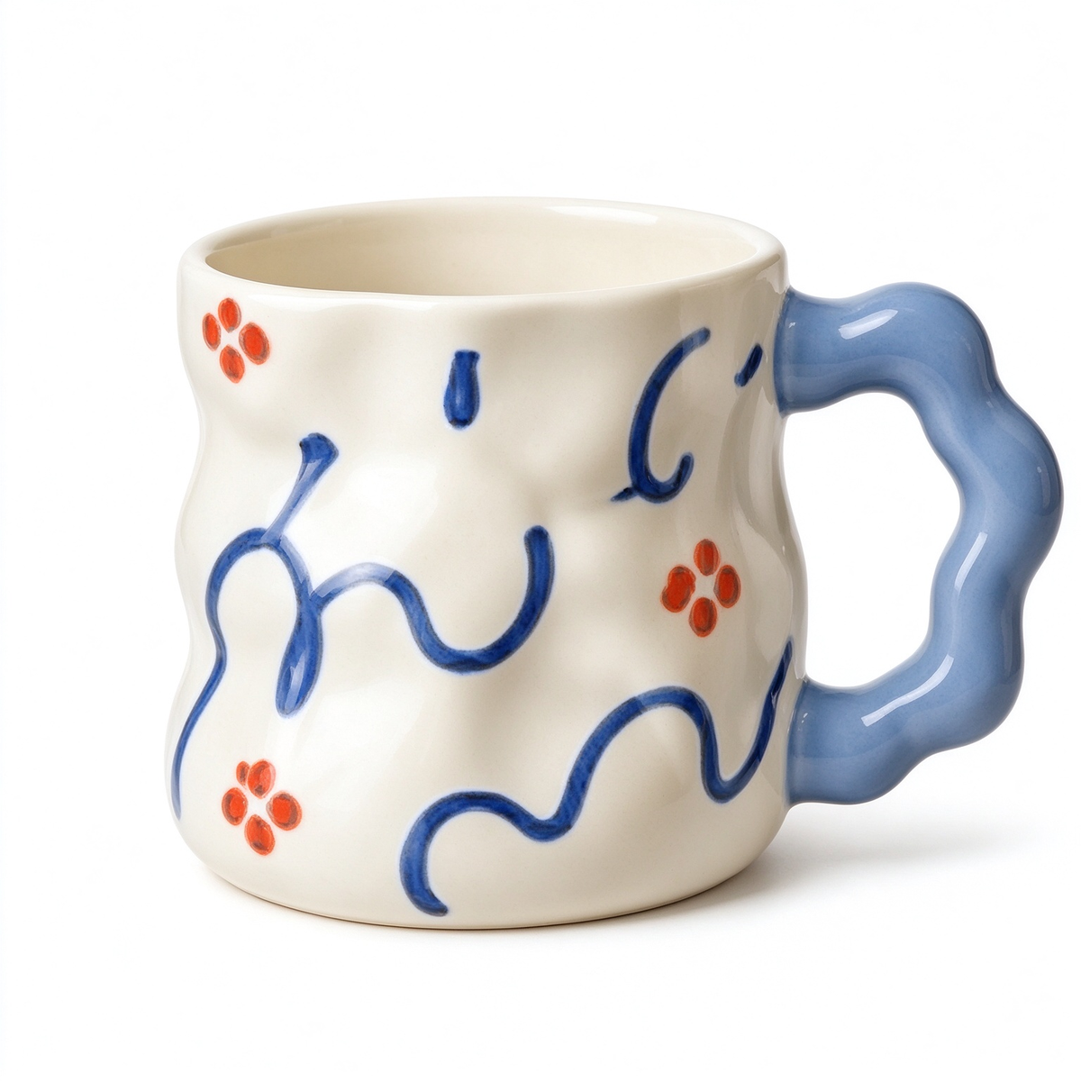 Wavy Blue Line Floral Ceramic Mug