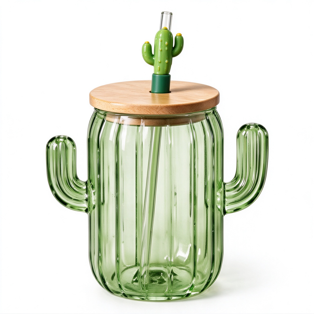 Green Cactus Shape Glass Cup With Wooden Lid And Straw