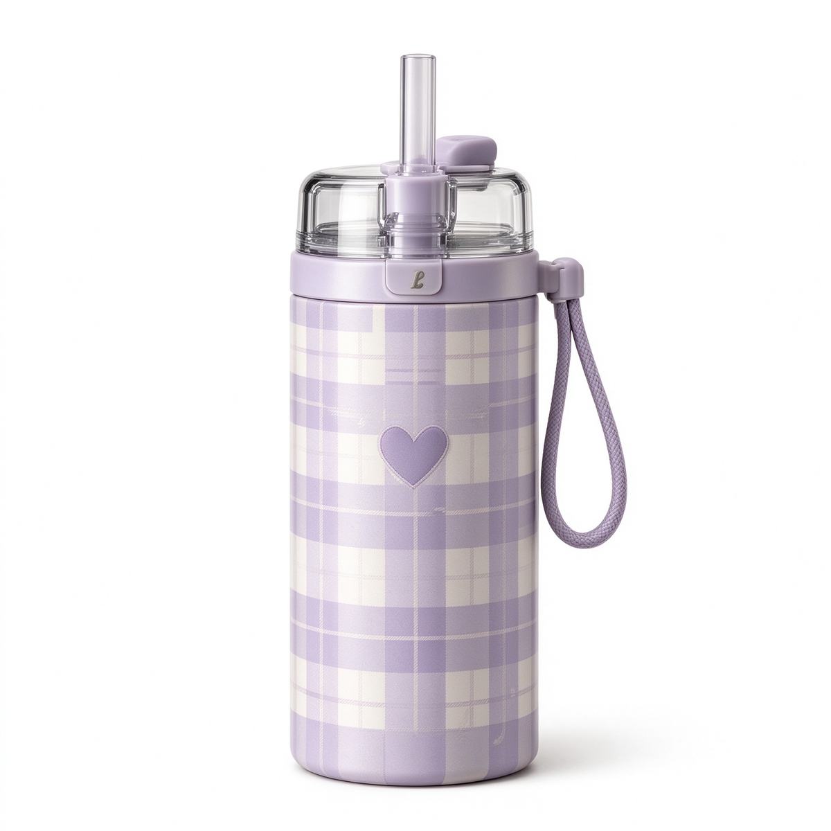 Purple Plaid Heart Straw Water Bottle