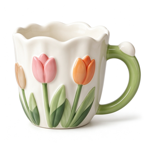 3D Tulip Embossed White Ceramic Mug