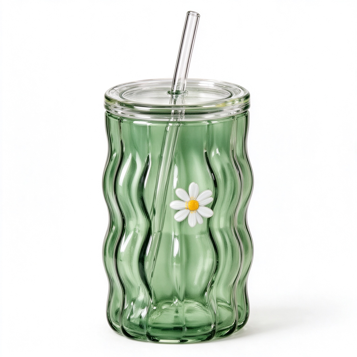 Green Wavy Daisy Glass Tumbler With Lid And Straw