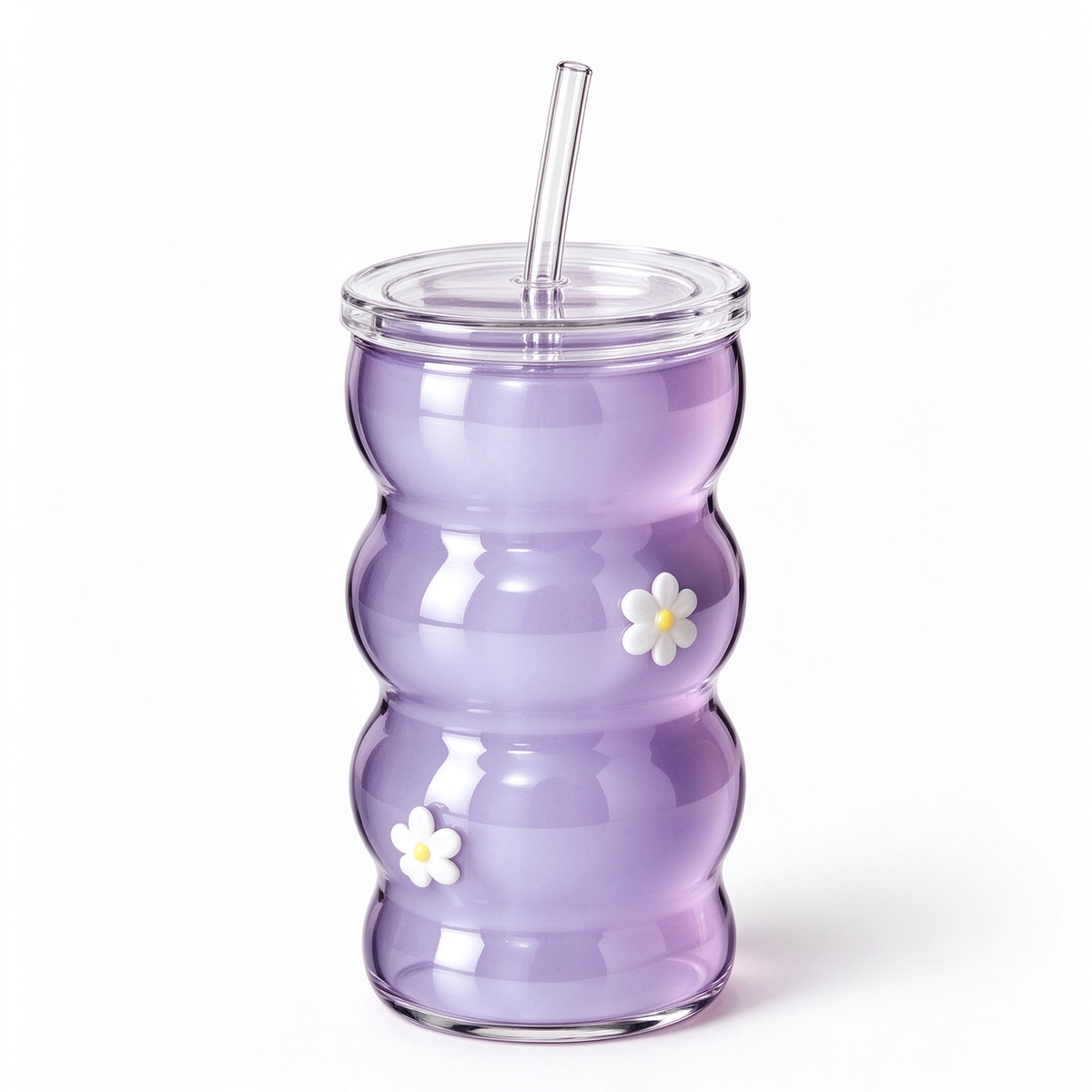 Purple Gourd Shape Daisy Glass Tumbler With Lid And Straw