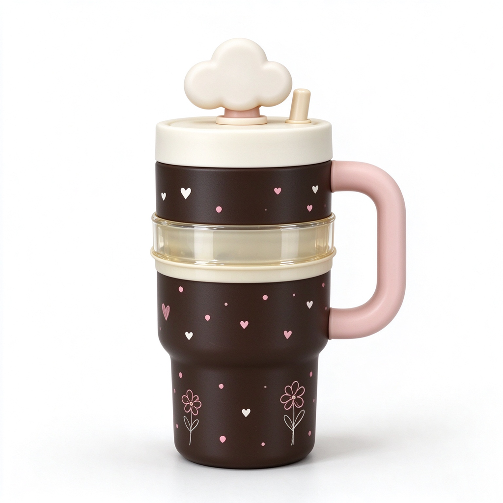 Dark Brown Heart Flower Cloud Lid Tumbler