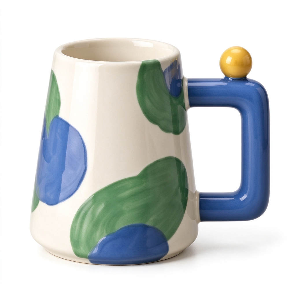 Abstract Green Blue Painted Ceramic Mug With Yellow Knob Handle