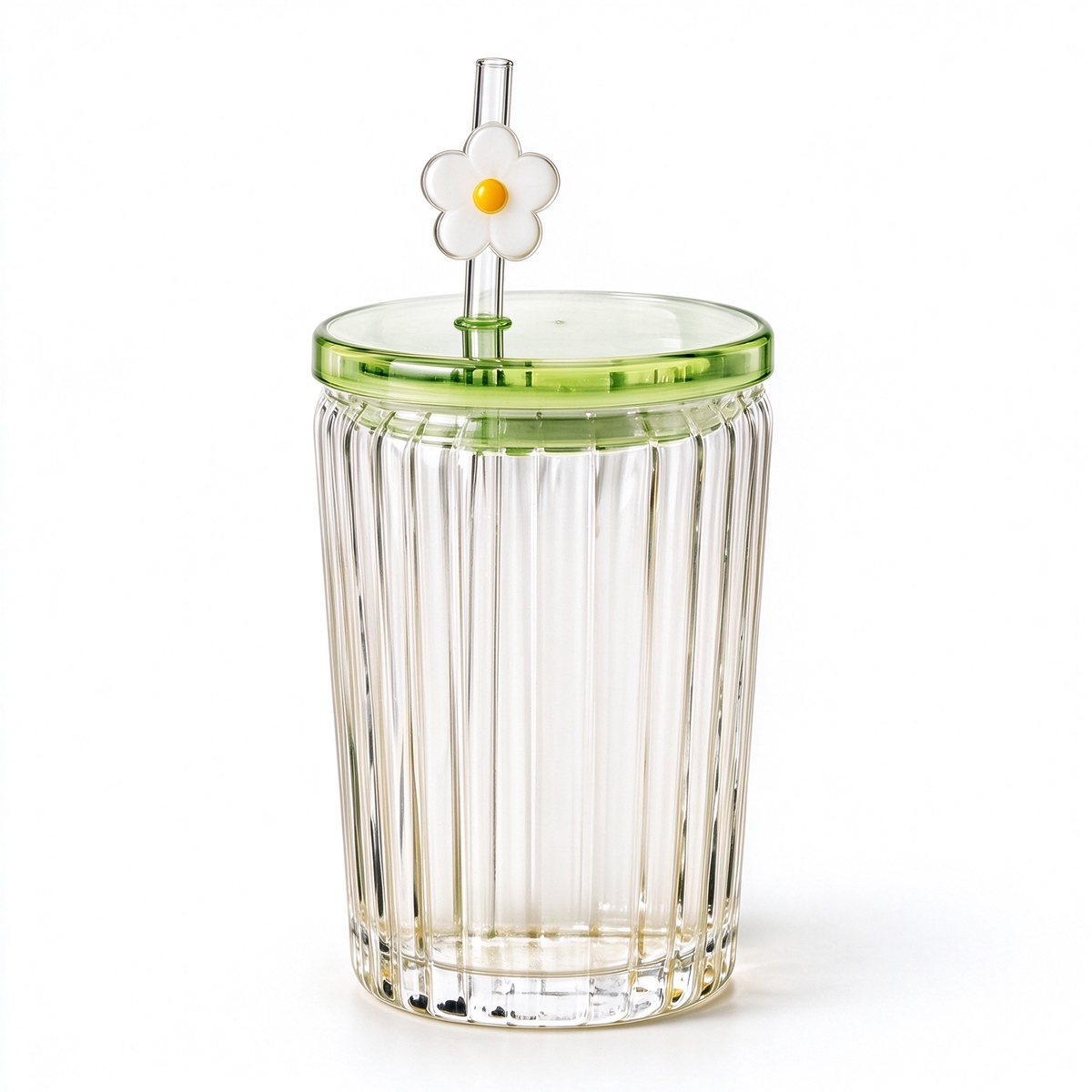 Vertical Ribbed Glass Tumbler With Green Lid And Daisy Straw Topper