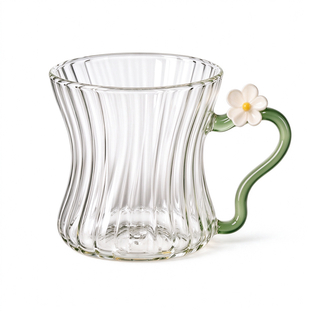 Curved Ribbed Glass Mug With Green Handle And Daisy Accent