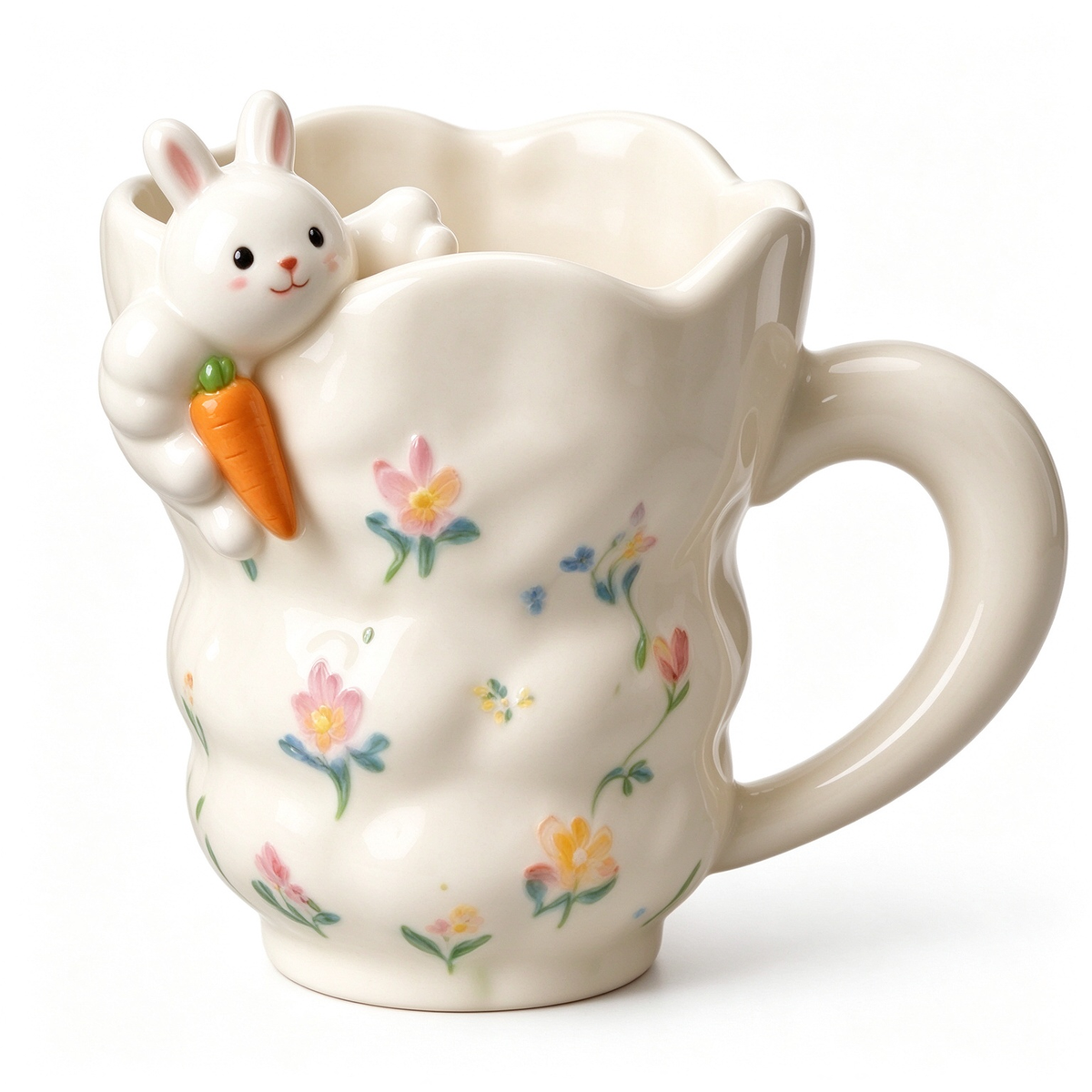 Floral Bunny Ceramic Mug With Carrot Accent