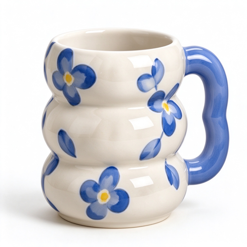 Blue Floral Wavy Stacked Ceramic Mug