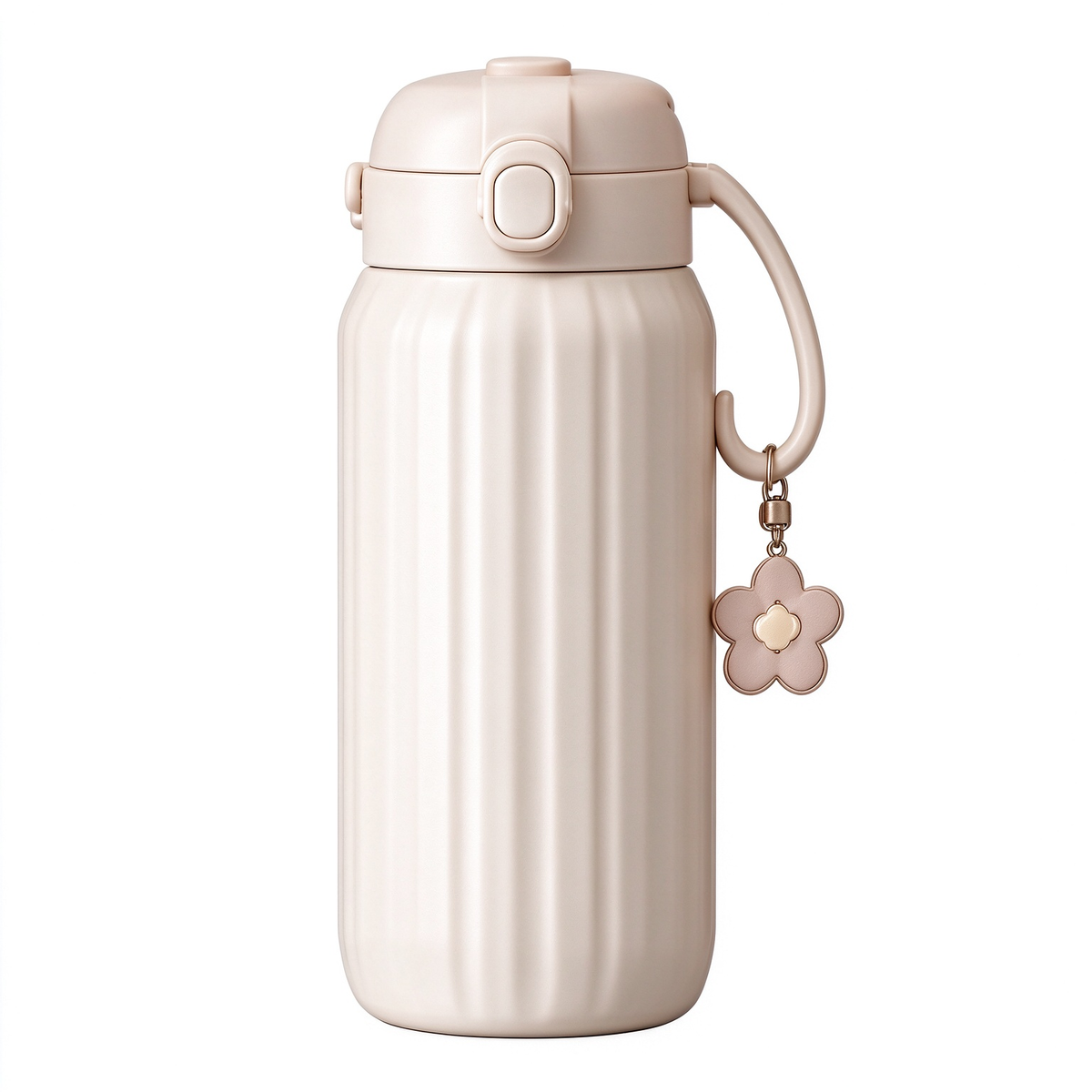 Beige Ribbed Flower Charm Water Bottle
