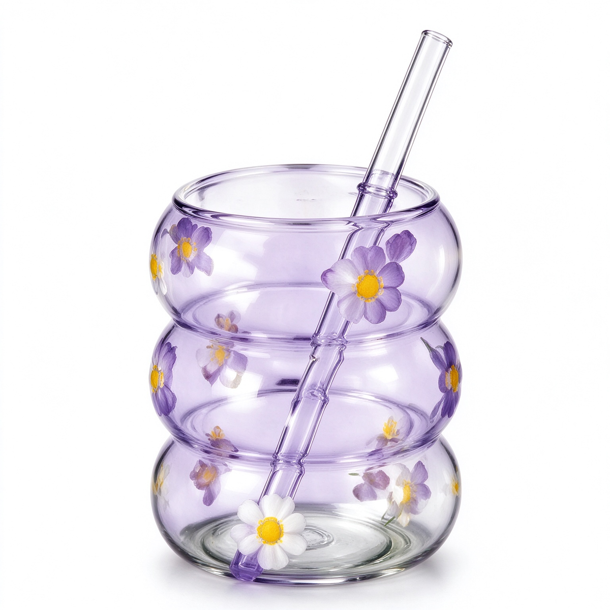 Purple Daisy Triple Gourd Glass Cup With Straw