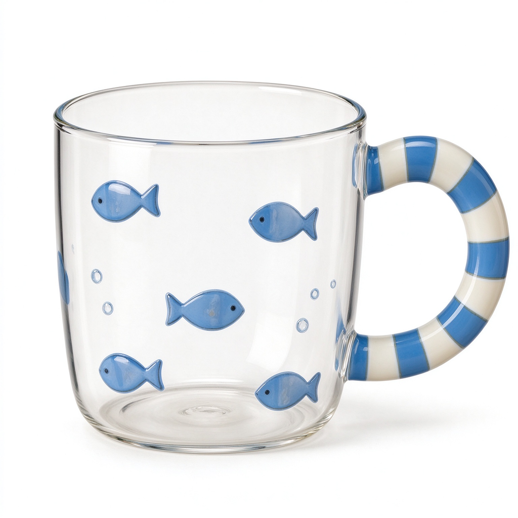 Blue Fish Print Striped Handle Glass Mug